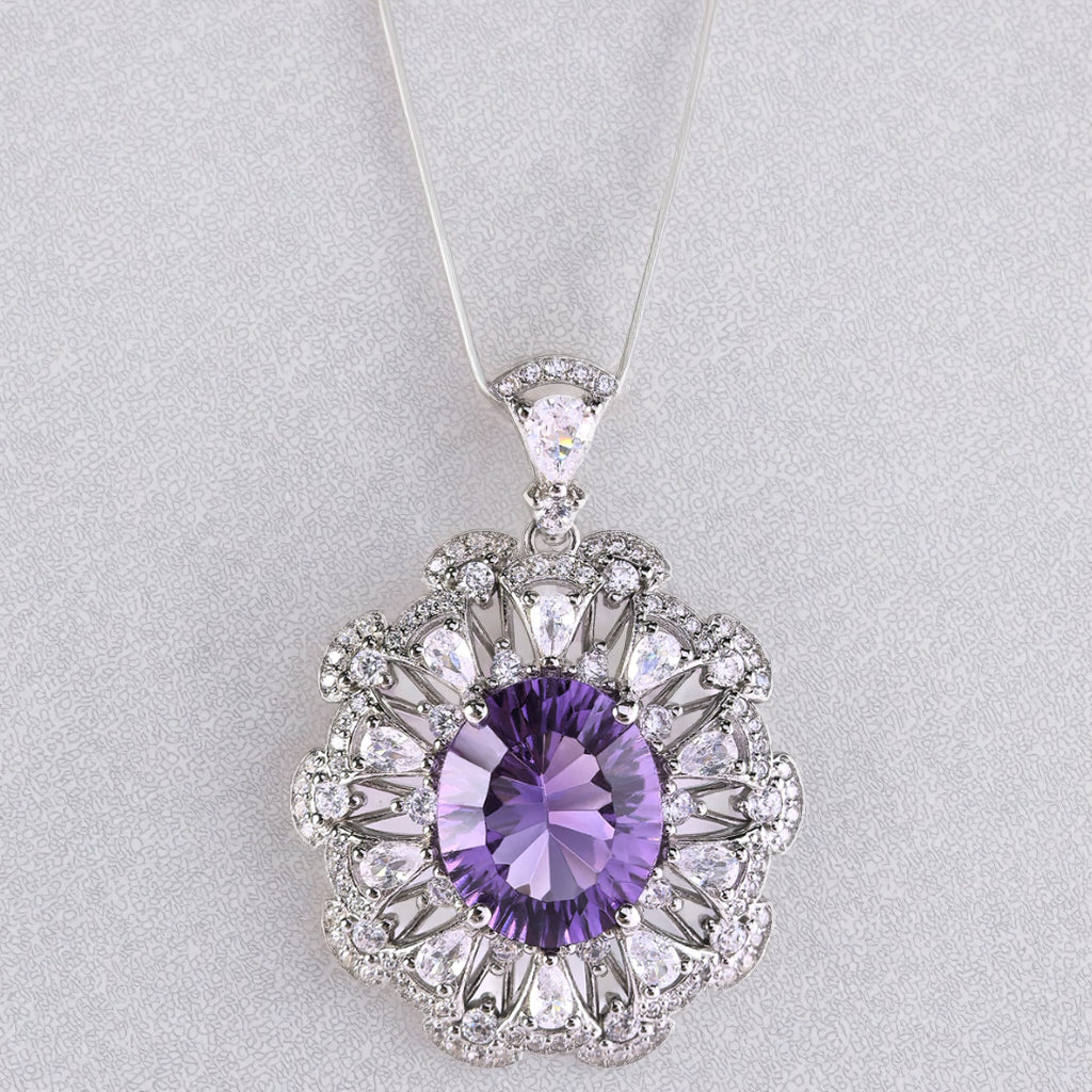 Elegant Rhodium Plated Plata 925 Oval Cut Amethyst Pendant