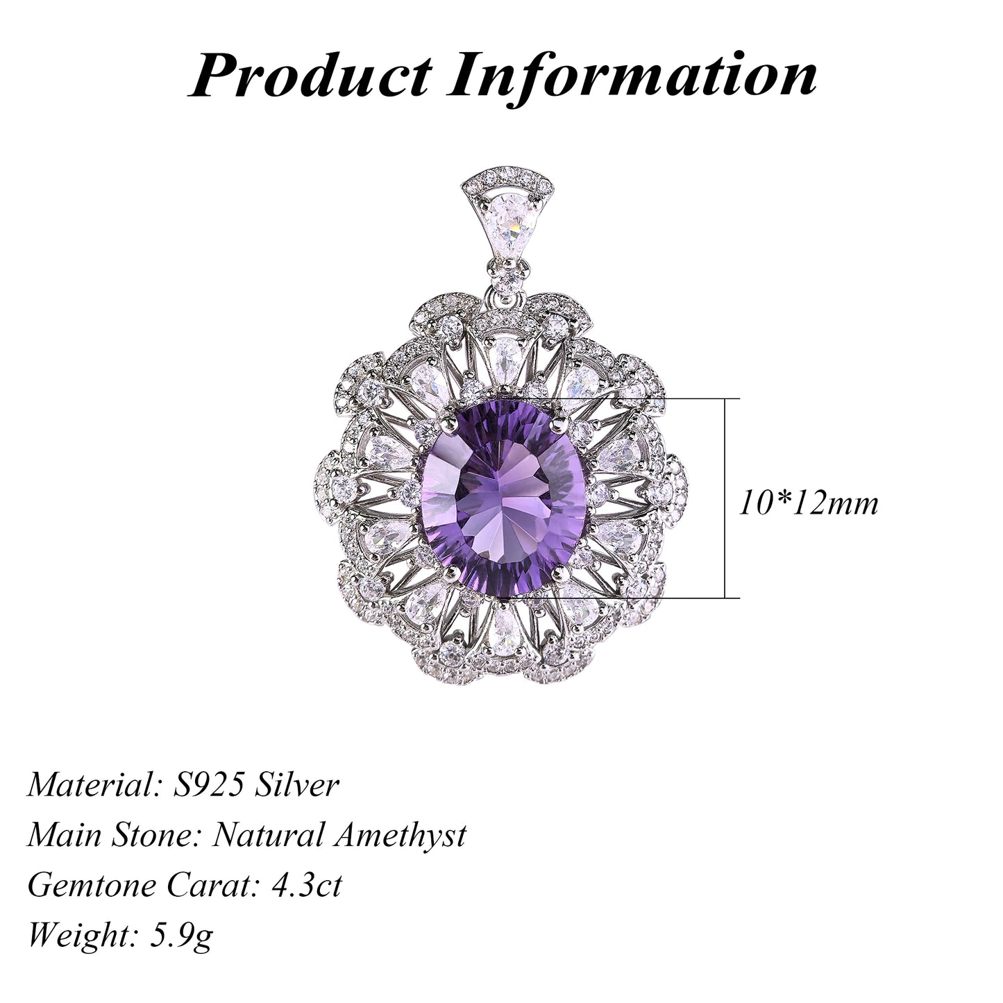 Elegant Rhodium Plated Plata 925 Oval Cut Amethyst Pendant