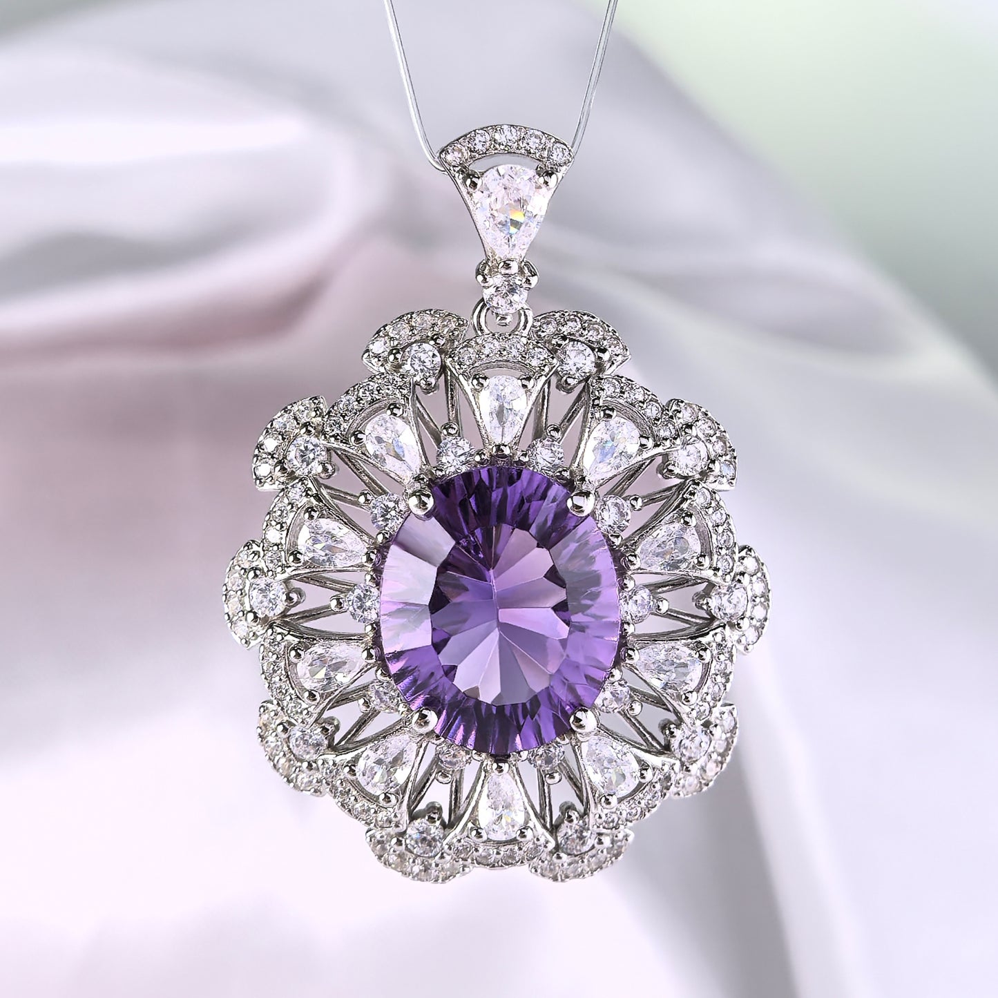 Elegant Rhodium Plated Plata 925 Oval Cut Amethyst Pendant