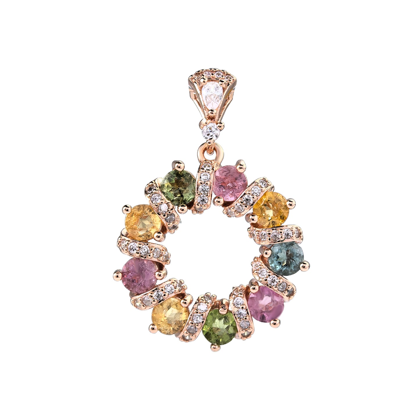 925 Silver Dazzling Rose Gold Plated Fine Pendants Natural Tourmaline round Charm Pendants