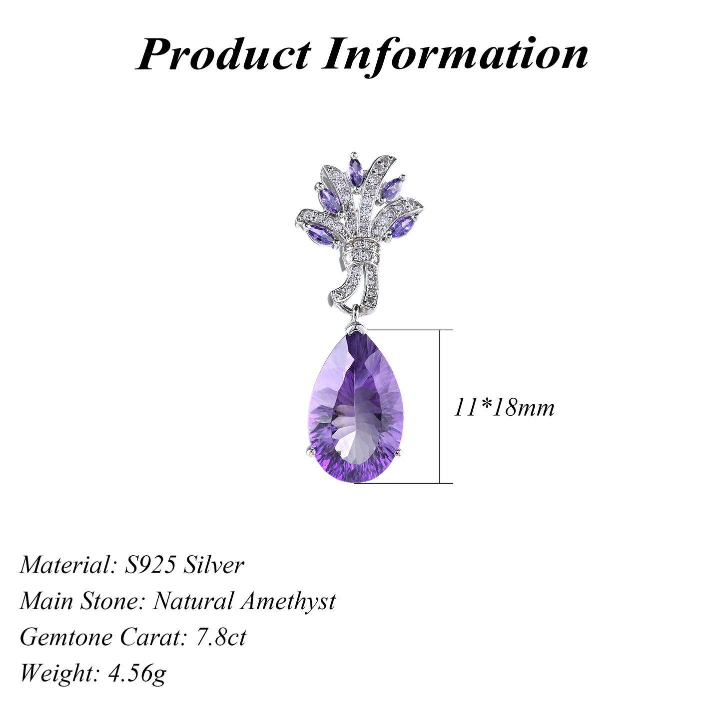 Elegant Rhodium Plated Silver 925 Natural Amethyst Pendant