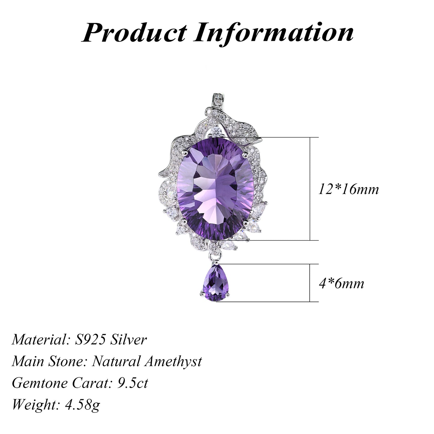 Elegant 925 Sterling Silver Natural Amethyst Pendant Rhodium Plated