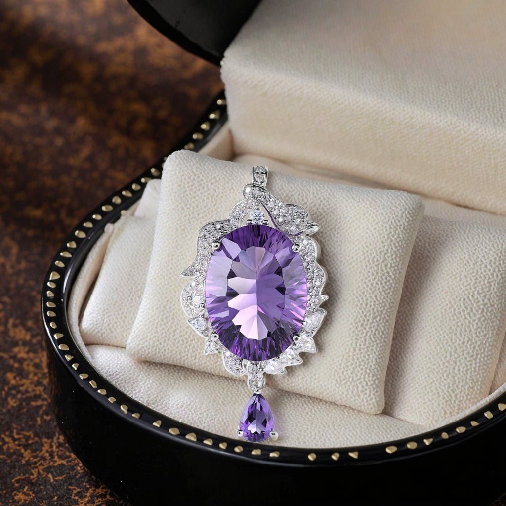 Elegant 925 Sterling Silver Natural Amethyst Pendant Rhodium Plated