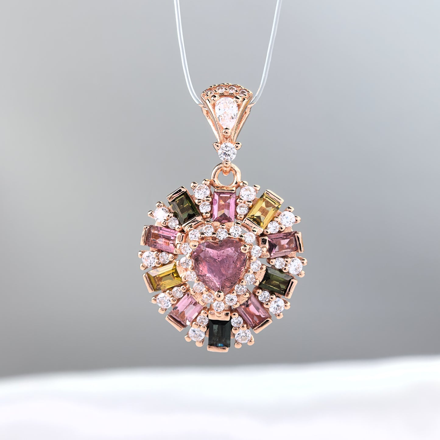 Charming Rose Gold Plated 925 Sterling Silver Natural Tourmaline Heart Pendant