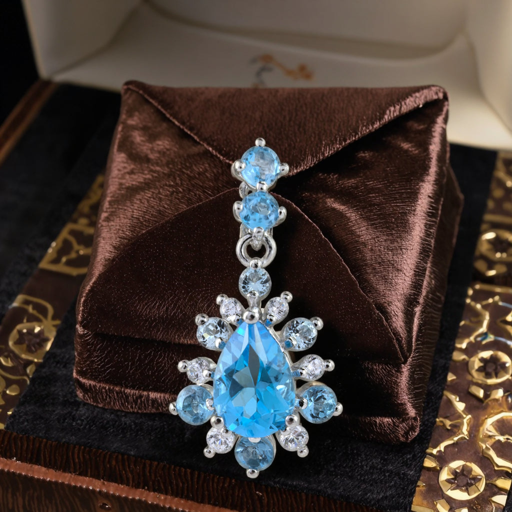 Unique Rhodium Plated 925 Silver Natural for Swiss Blue Topaz Pendant