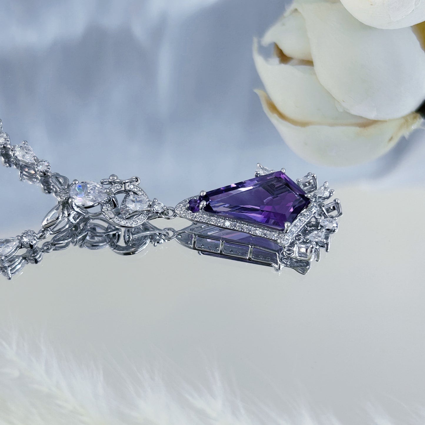 Unique Rhodium Plated 925 Sterling Silver Natural Amethyst Pendant