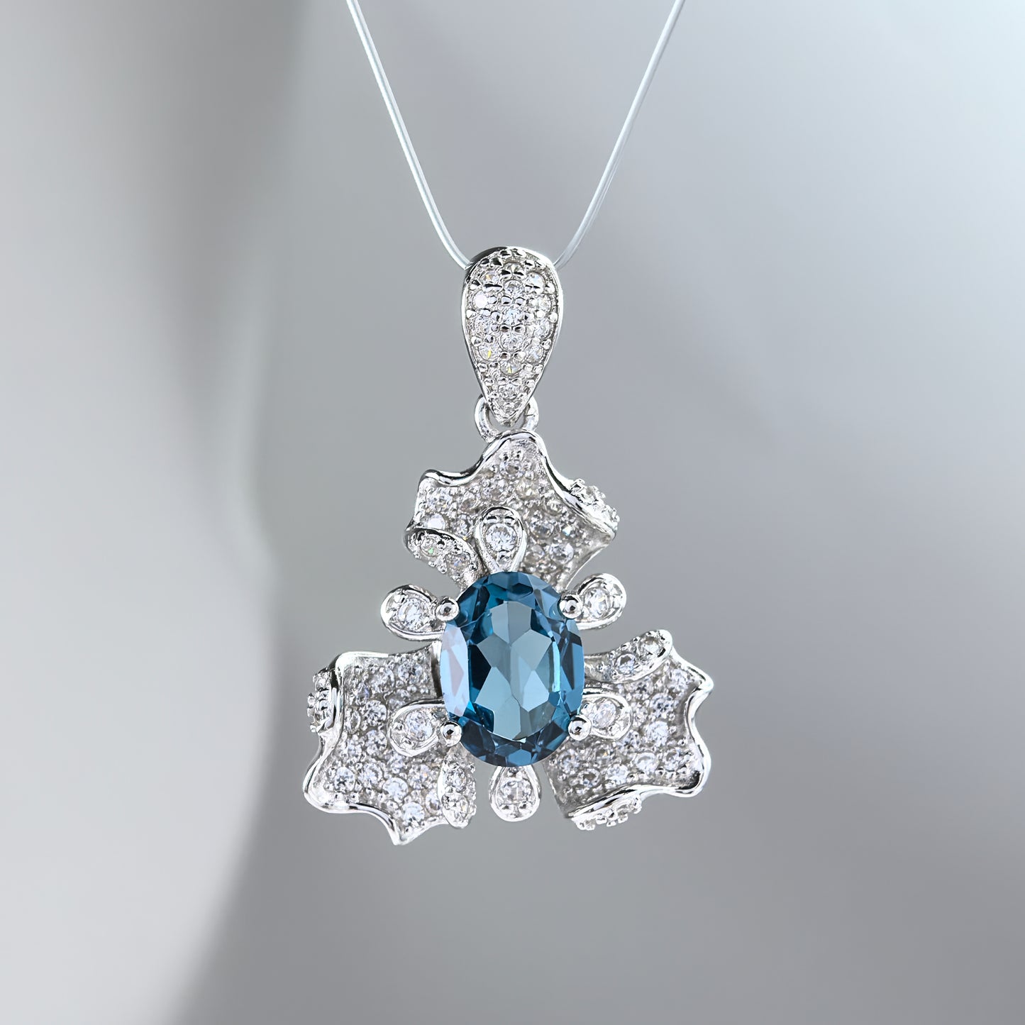 925 Sterling Silver Natural London Blue Topaz Pendant Delicate Rhodium Plated