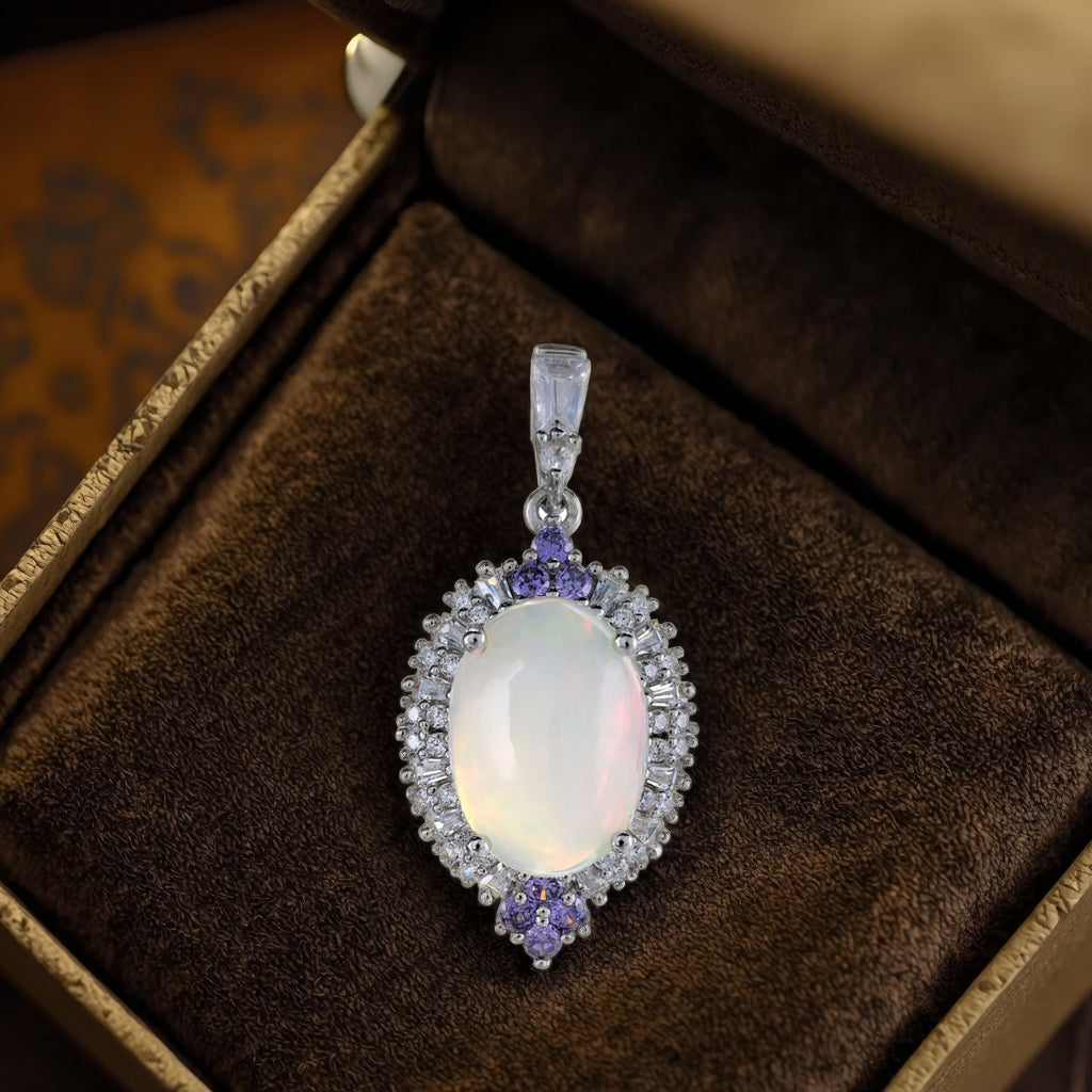 Opulent Rhodium Plated Plata Ley 925 Natural Opal Pendant Fine Jewellery