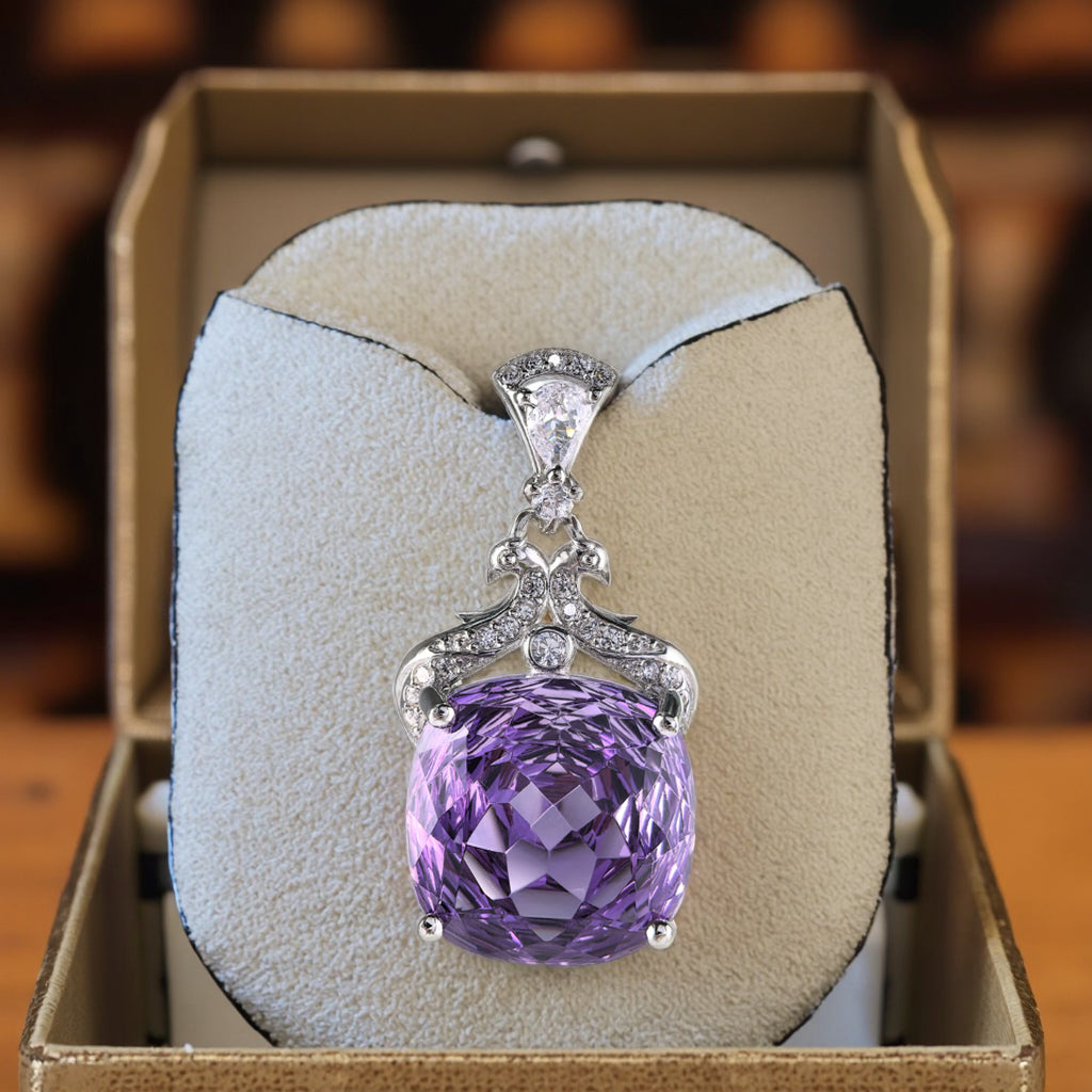 Rhodium Plated 925 Sterling Silver Natural Amethyst Pendant Millennium Cushion Cut