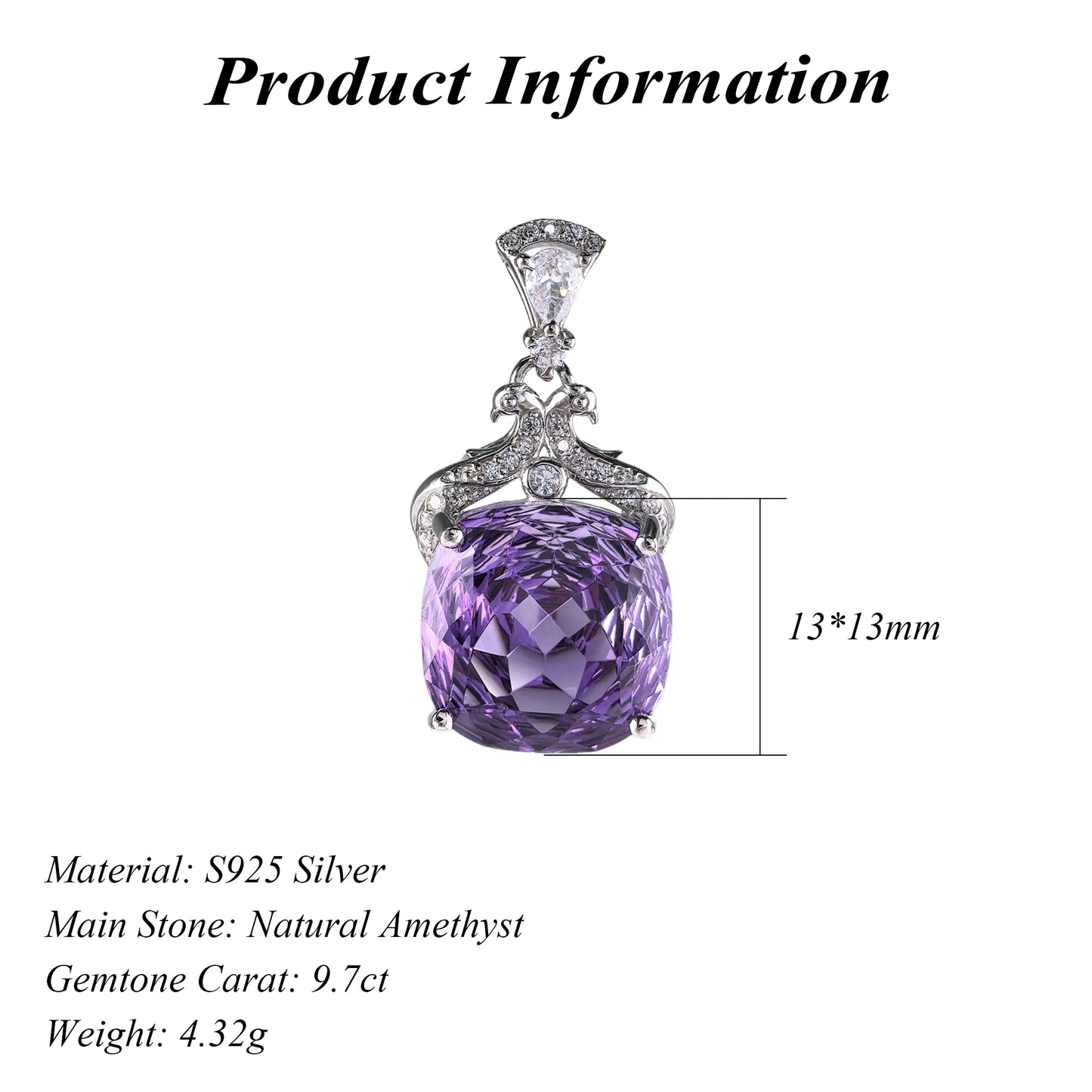 Rhodium Plated 925 Sterling Silver Natural Amethyst Pendant Millennium Cushion Cut