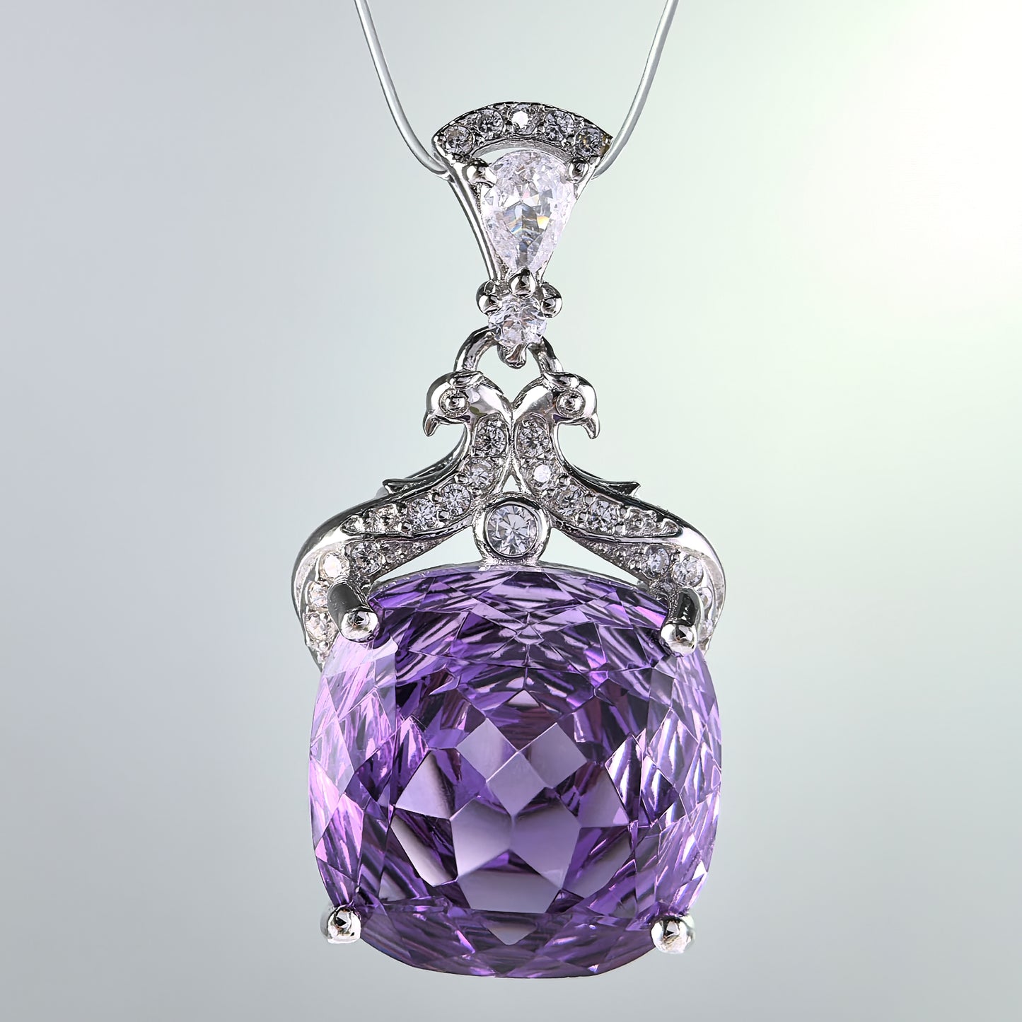 Rhodium Plated 925 Sterling Silver Natural Amethyst Pendant Millennium Cushion Cut