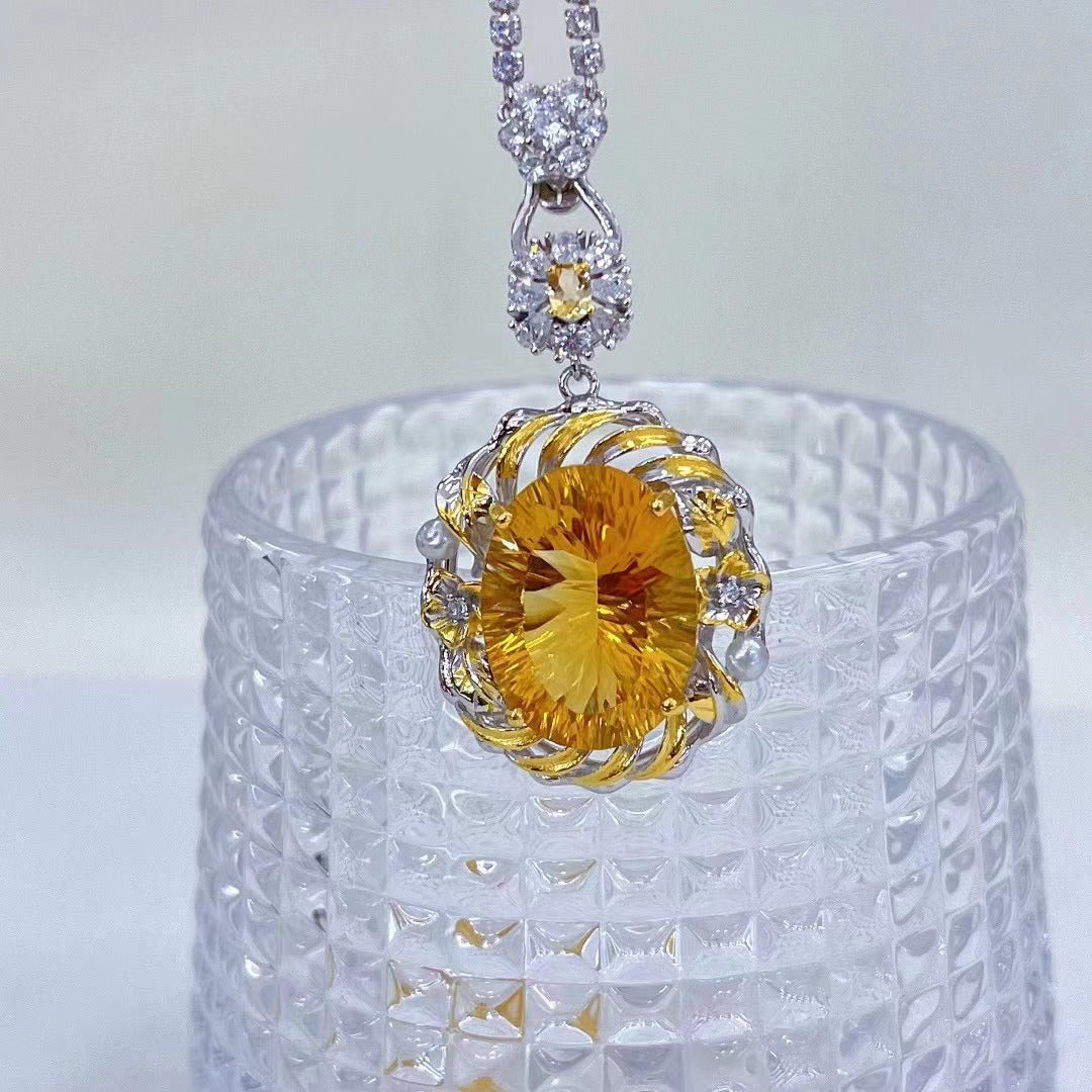 Wholesale Rhodium Plated 925 Sterling Silver Natural Citrine Yellow Gemstone Oval Cut Pendant(without Chain)