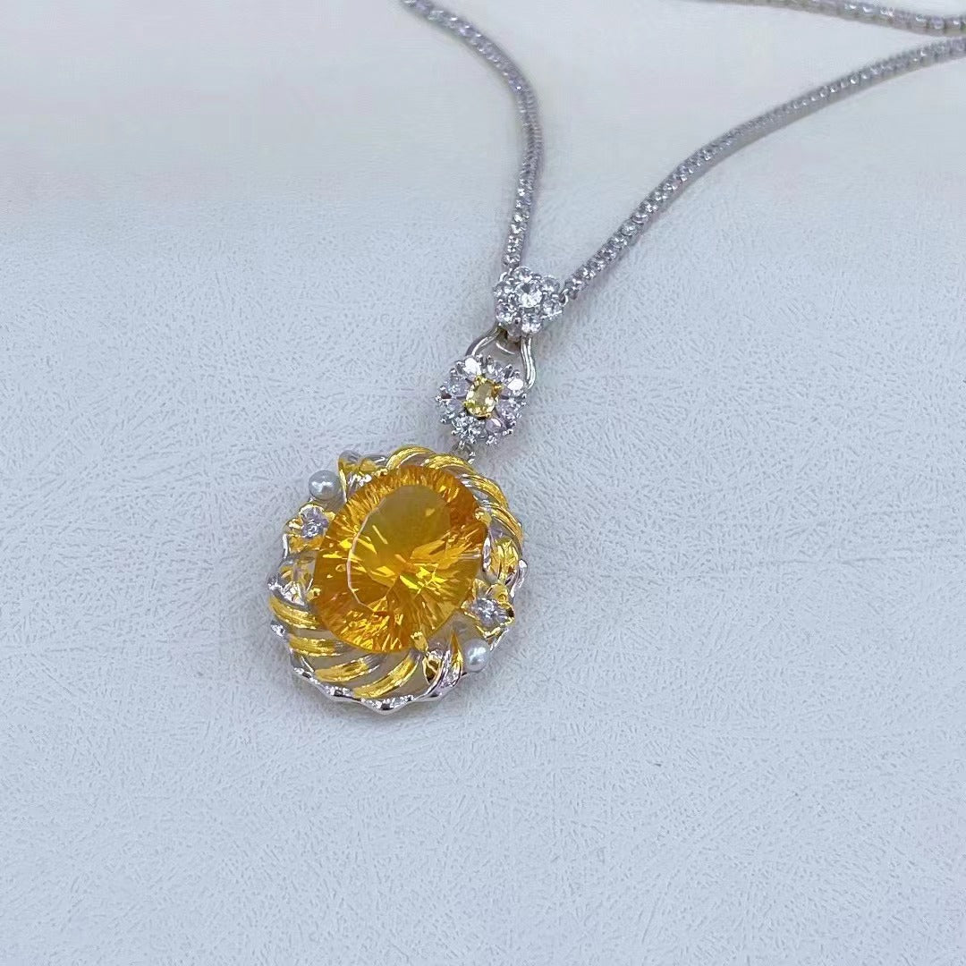 Wholesale Rhodium Plated 925 Sterling Silver Natural Citrine Yellow Gemstone Oval Cut Pendant(without Chain)