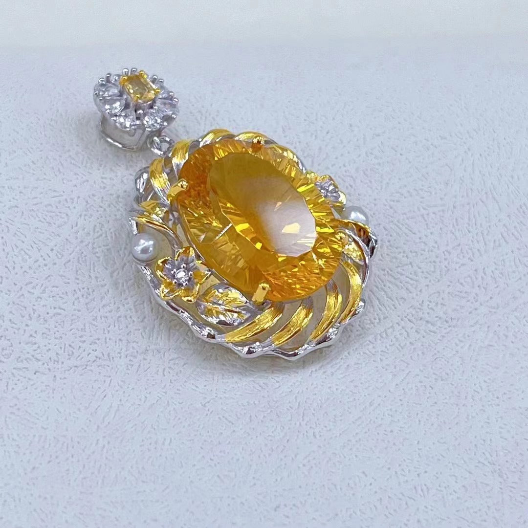 Wholesale Rhodium Plated 925 Sterling Silver Natural Citrine Yellow Gemstone Oval Cut Pendant(without Chain)