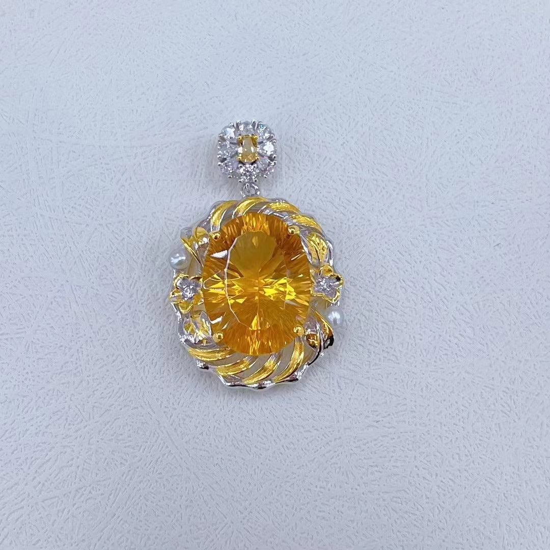 Wholesale Rhodium Plated 925 Sterling Silver Natural Citrine Yellow Gemstone Oval Cut Pendant(without Chain)