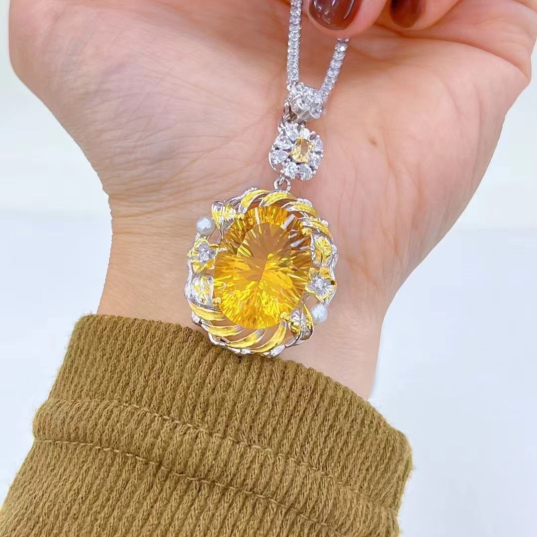 Wholesale Rhodium Plated 925 Sterling Silver Natural Citrine Yellow Gemstone Oval Cut Pendant(without Chain)