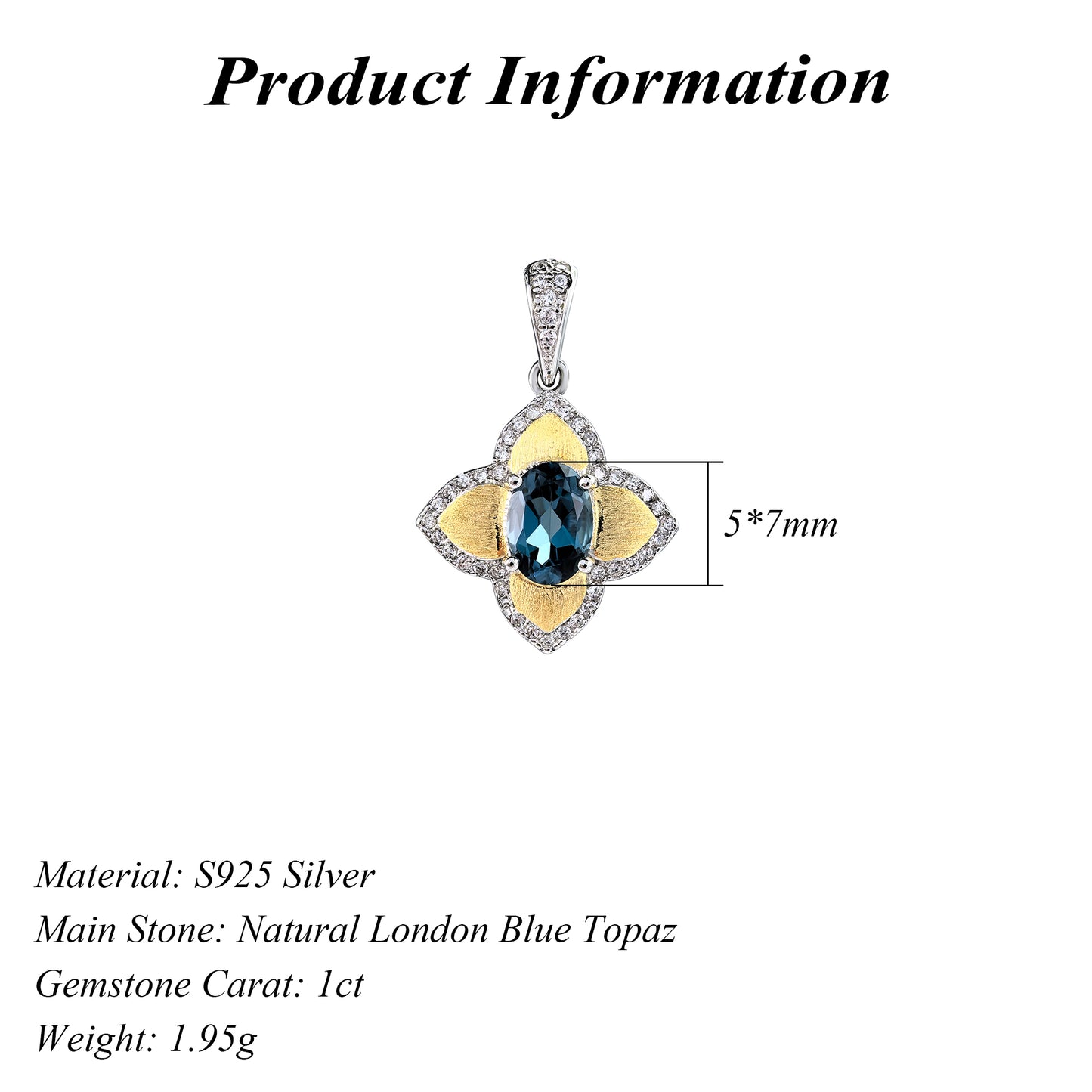 Elegant Rhodium and Gold Plated 925 Sterling Silver Natural London Blue Topaz Pendant