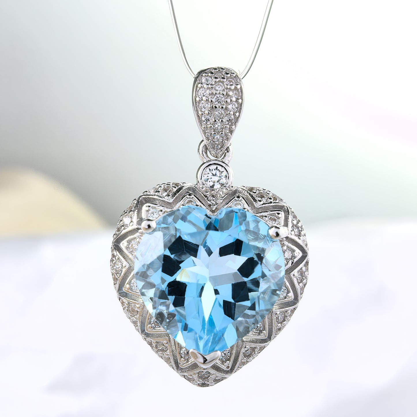 Romantic Rhodium Plated 925 Silver Natural Sky Blue Topaz Heart Cut Set