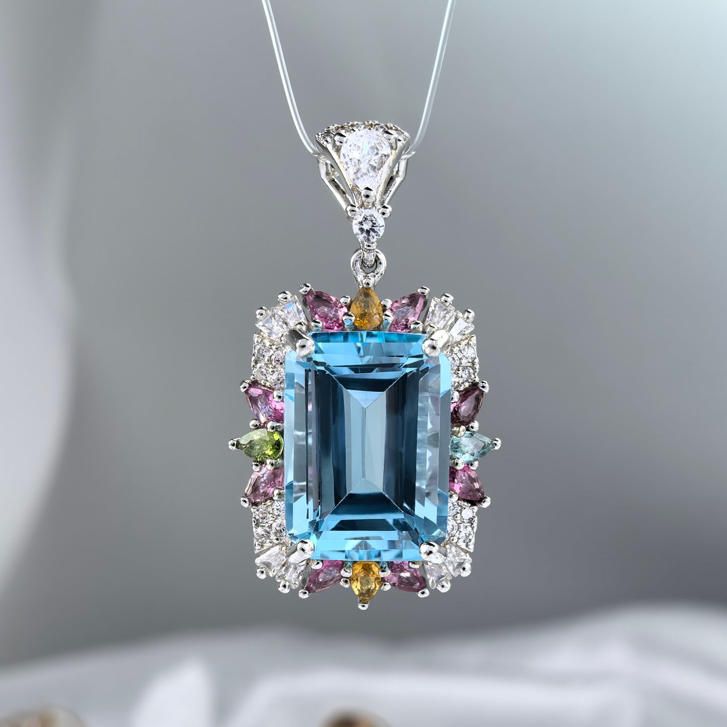 925 Sterling Silver Delicate Rhodium Plated Emerald Cut Natural Sky Blue Topaz Pendant