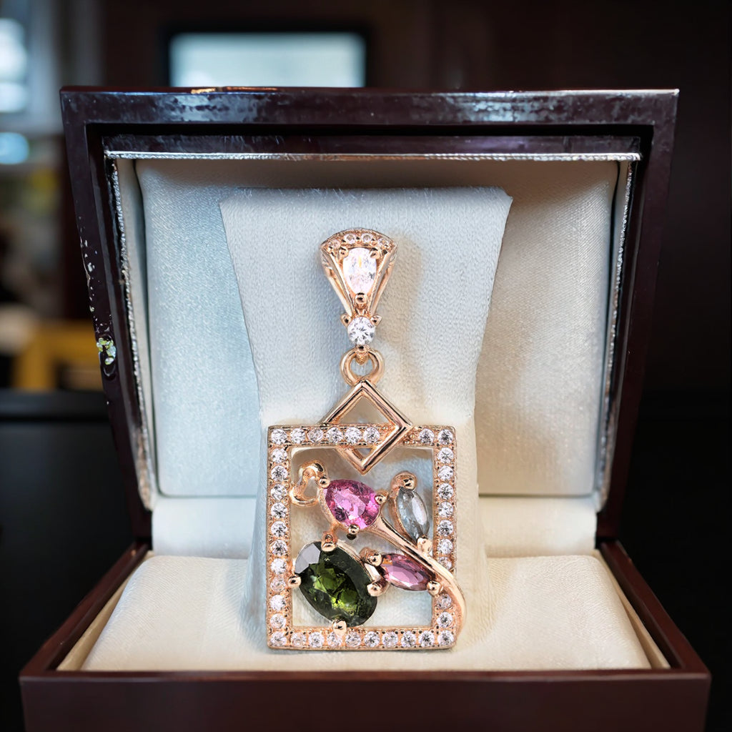 Graceful Rose Gold Plated 925 Sterling Silver Natural Tourmaline Flower Pendant