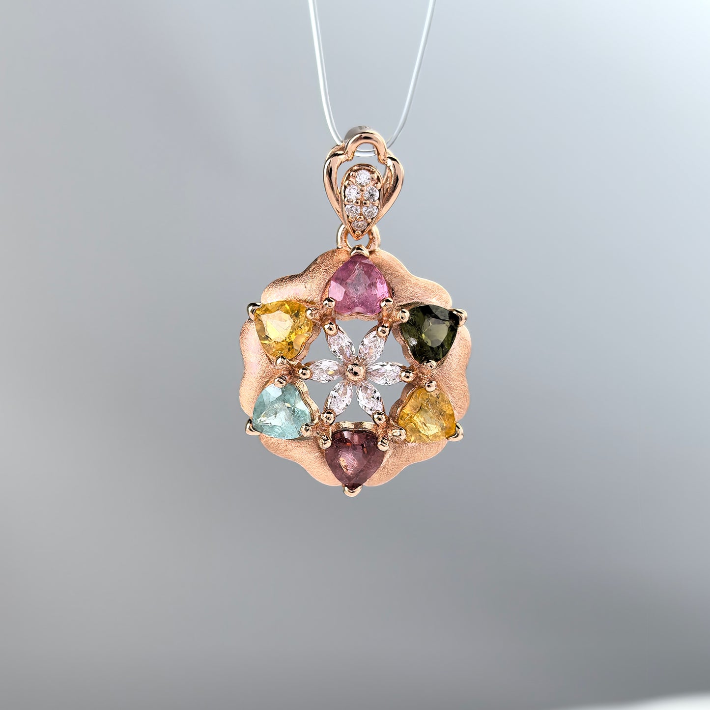 Sparkling Rose Gold Plated 925 Sterling Silver Natural Tourmaline Flower Pendant