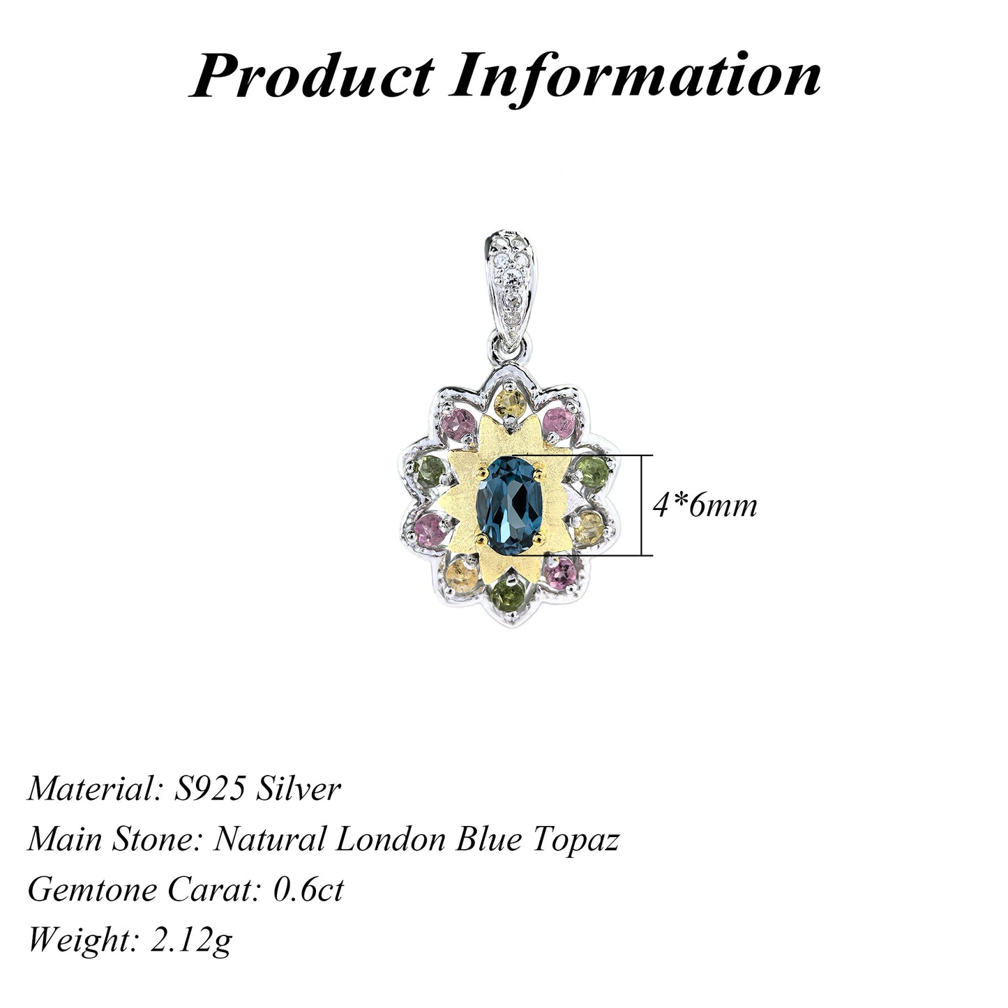 Elegant Dual Color Plated Silver 925 Natural London Blue Topaz Flower Pendant