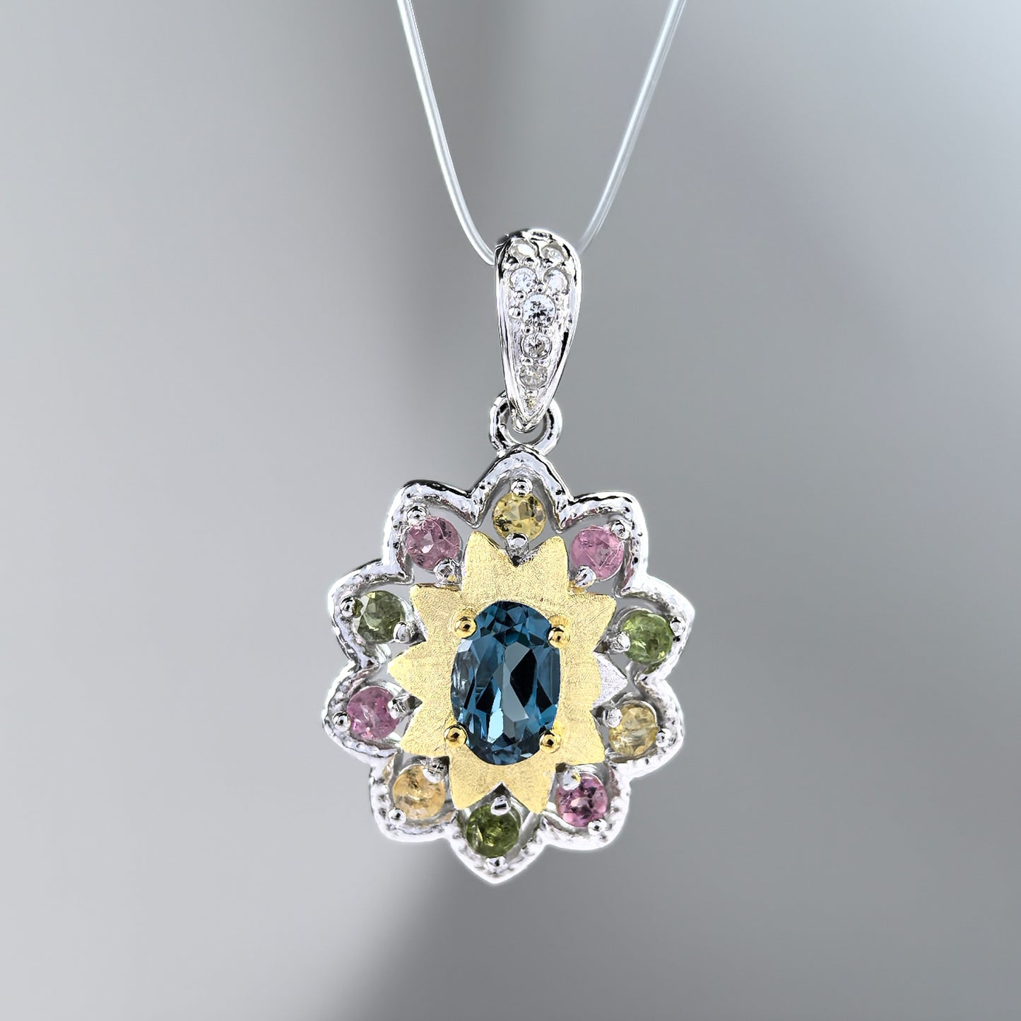 Elegant Dual Color Plated Silver 925 Natural London Blue Topaz Flower Pendant