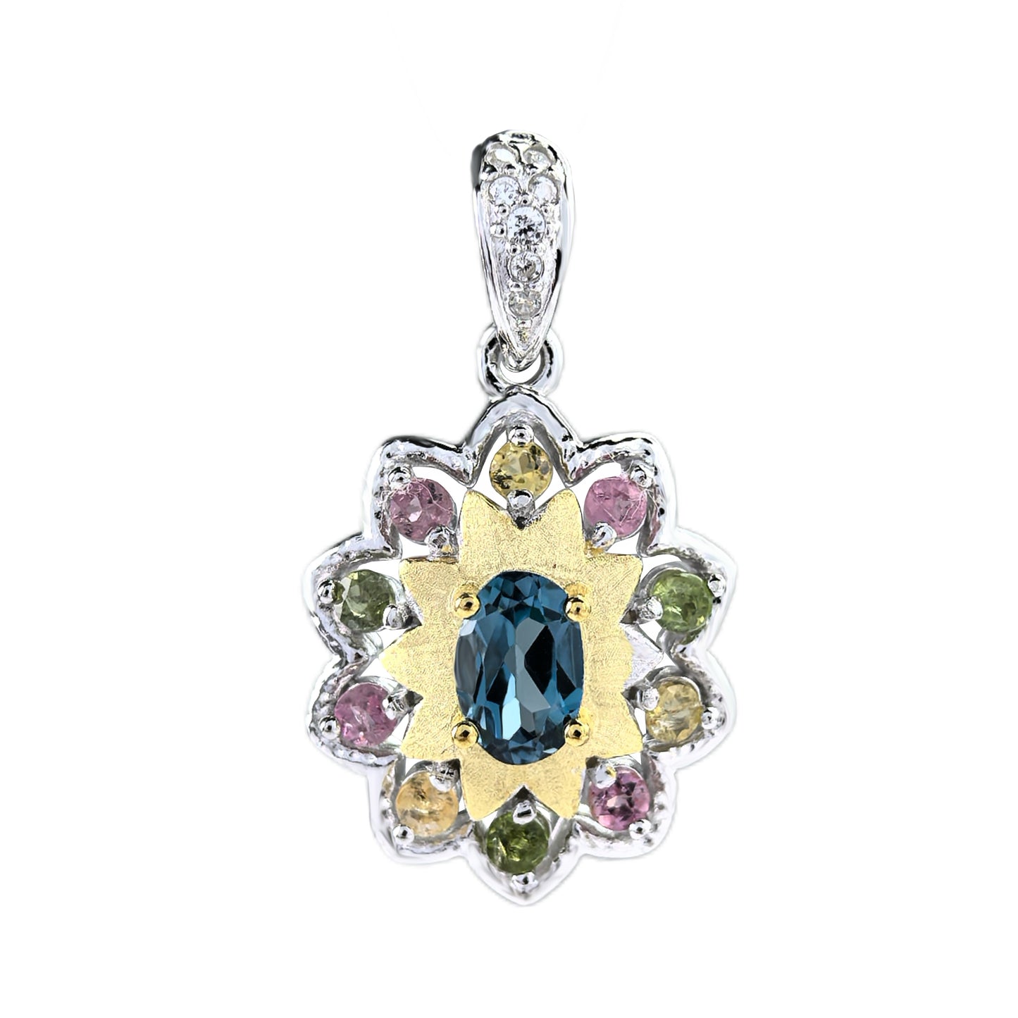 Elegant Dual Color Plated Silver 925 Natural London Blue Topaz Flower Pendant