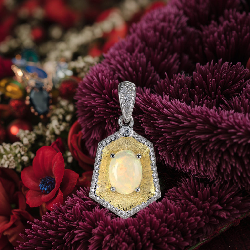 Classic Dual Color Plated 925 Prata Berloque Natural Opal Pendant