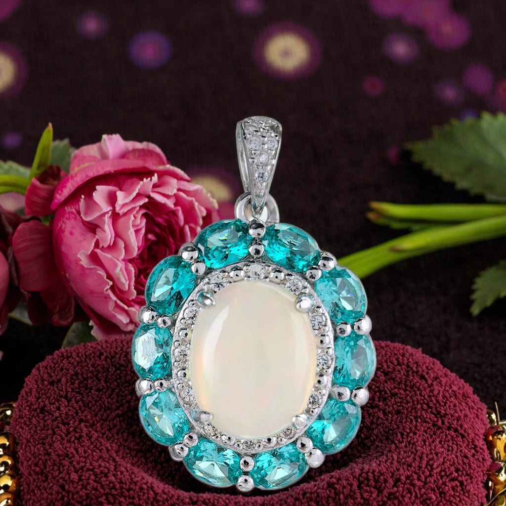 Exquisite Rhodium Plated 925 Silver Natural Opal Pendant