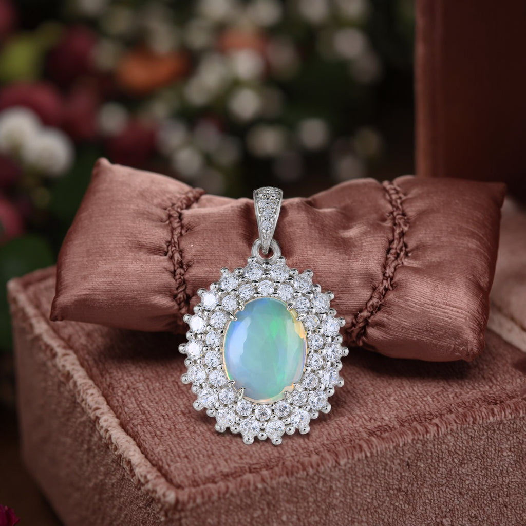 Precious Rhodium Plated Joyas Plata 925 Silver Natural Opal Pendant