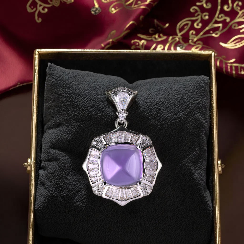Trendy Rhodium Plated 925 Prata Sugar Loaf Natural Amethyst Pendant