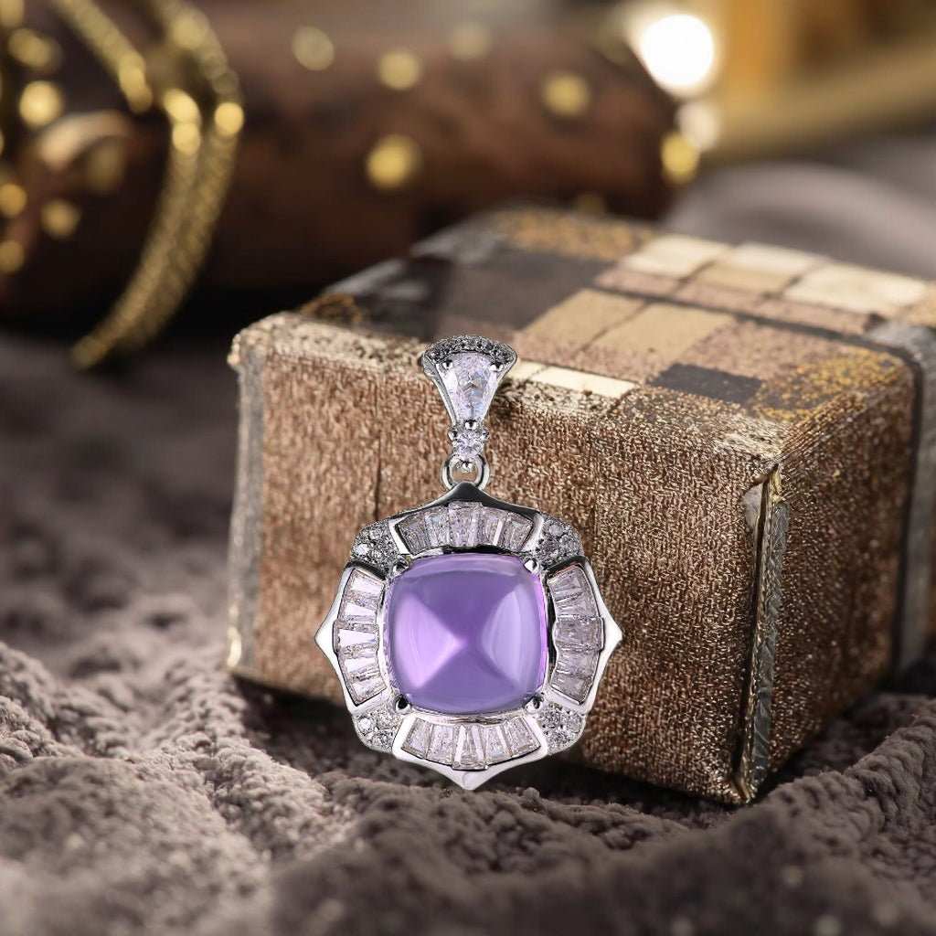 Trendy Rhodium Plated 925 Prata Sugar Loaf Natural Amethyst Pendant