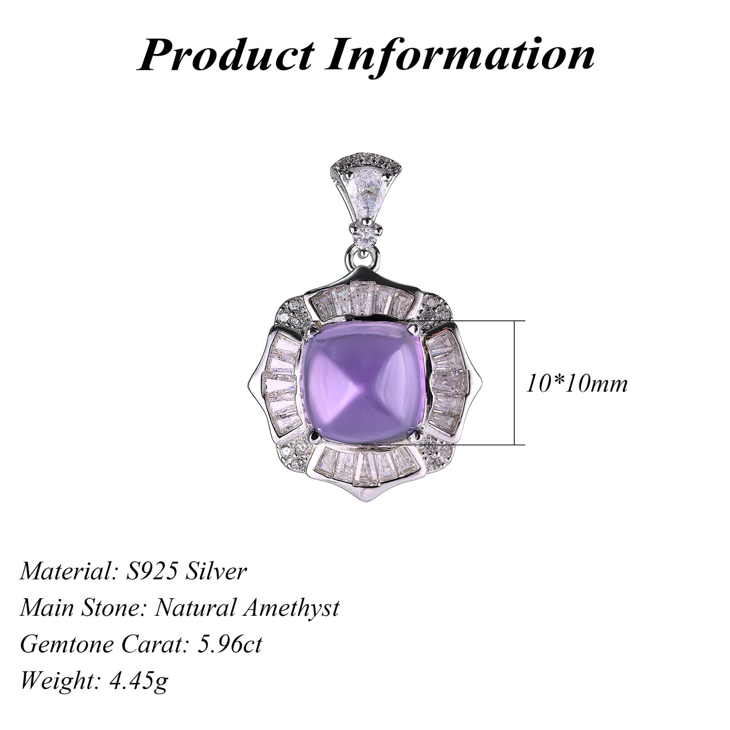 Trendy Rhodium Plated 925 Prata Sugar Loaf Natural Amethyst Pendant