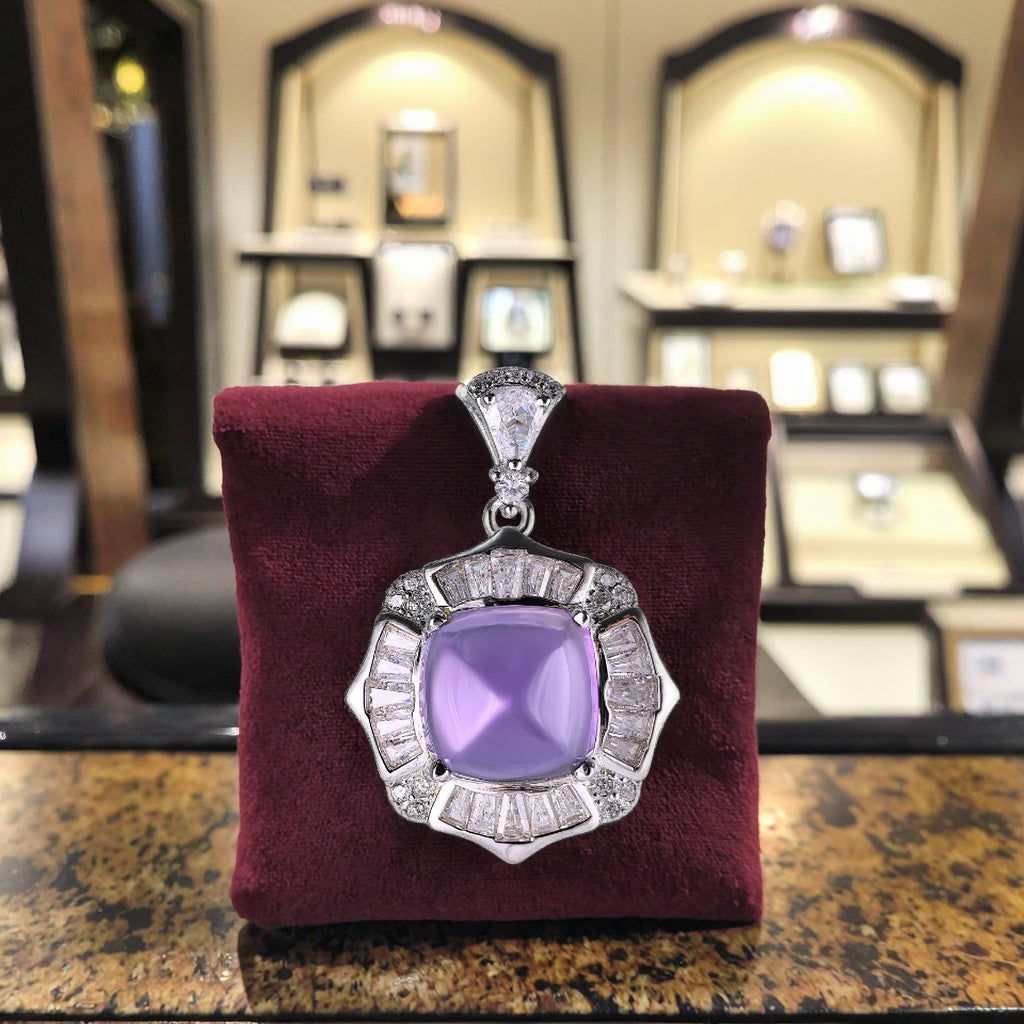 Trendy Rhodium Plated 925 Prata Sugar Loaf Natural Amethyst Pendant