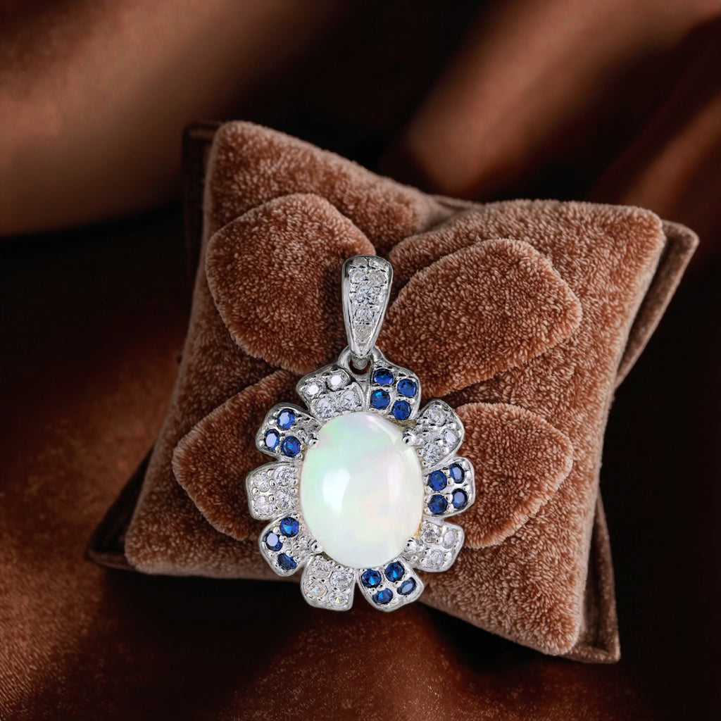Vintage Rhodium Plated Argento 925 Natural Opal Pendant