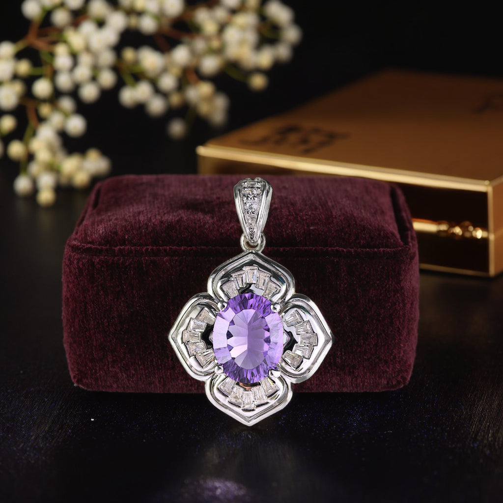 Noble Rhodium Plated 925 Sterling Silver Natural Amethyst Clover Pendant
