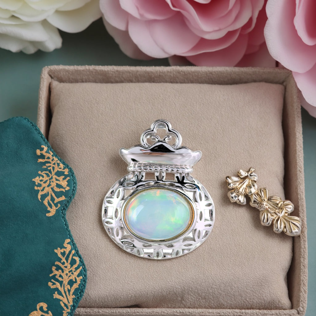 Classic 925 Silver Rhodium Plated Pendant with Natural Opal
