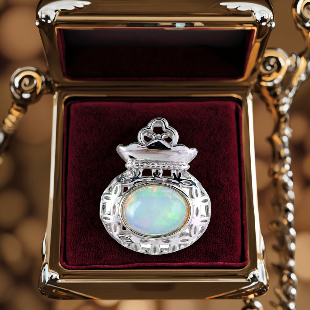 Classic 925 Silver Rhodium Plated Pendant with Natural Opal