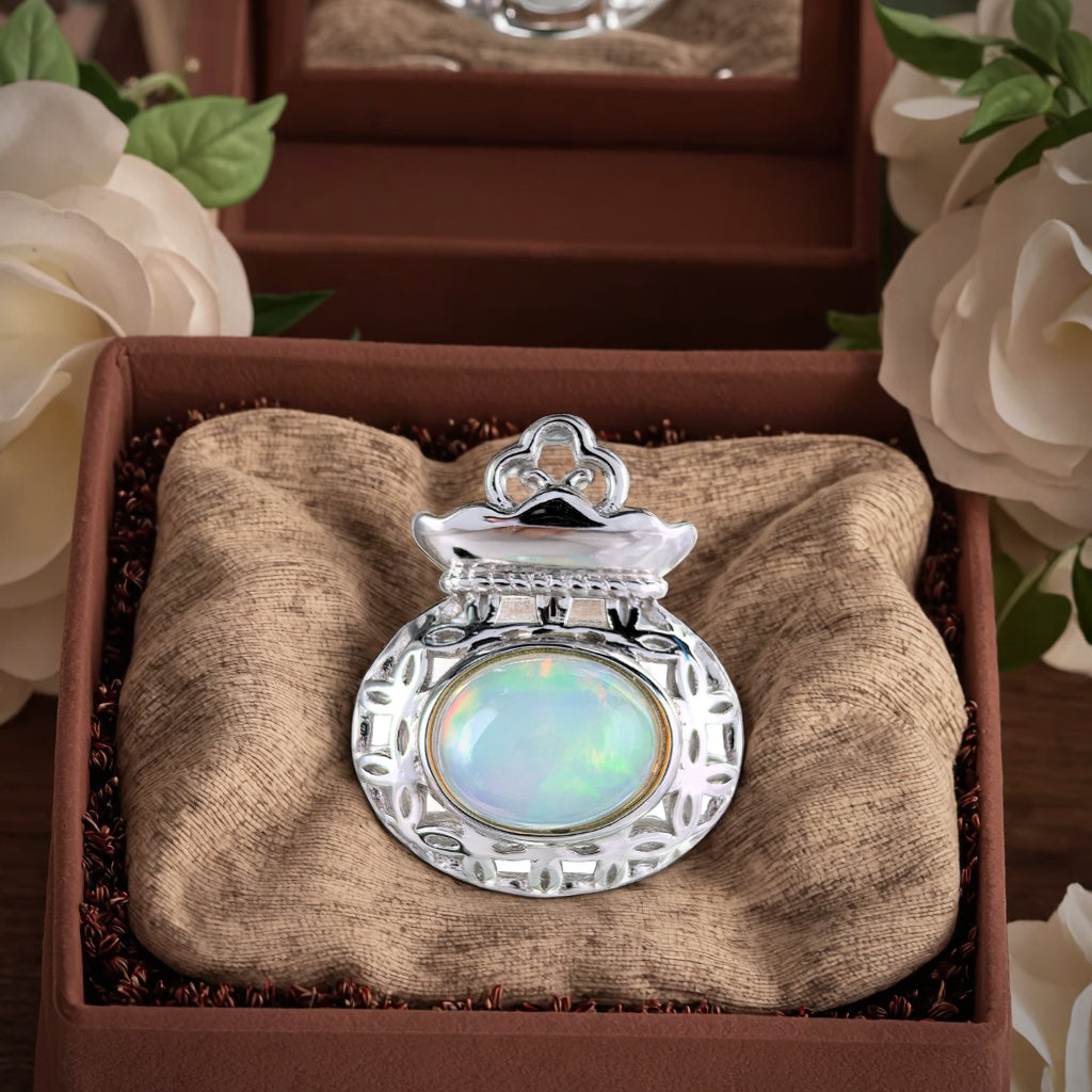 Classic 925 Silver Rhodium Plated Pendant with Natural Opal