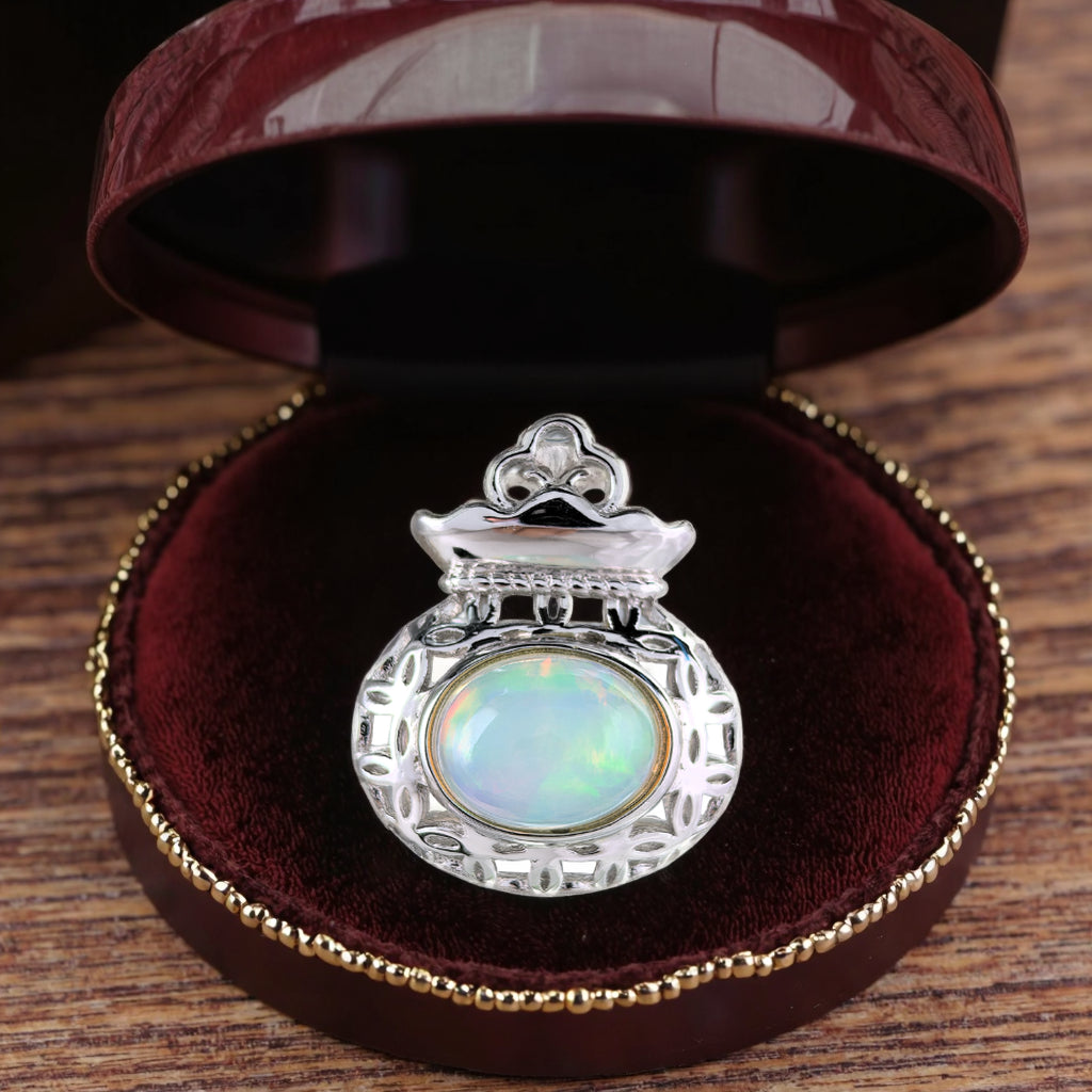 Classic 925 Silver Rhodium Plated Pendant with Natural Opal