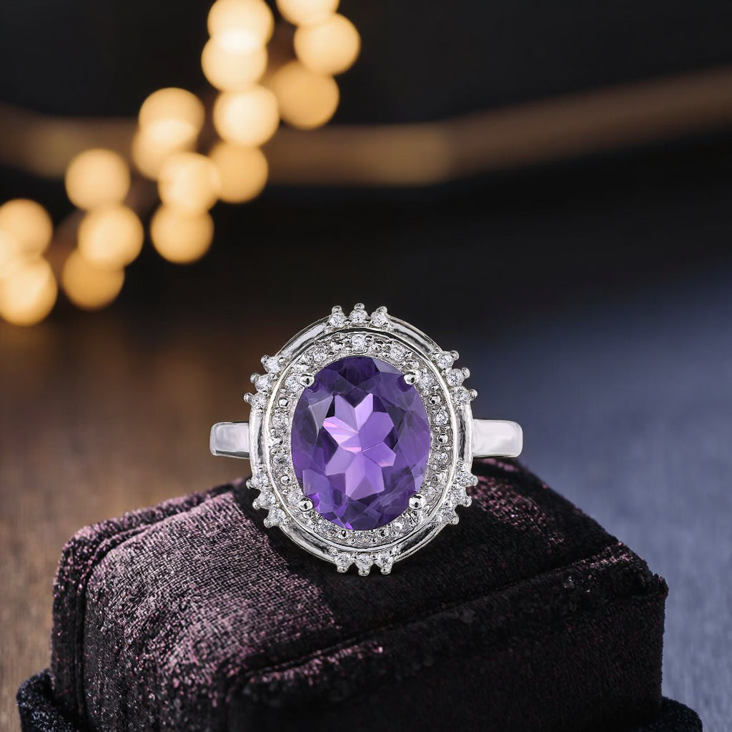 Sparkling Rhodium Plated Silver 925 Jewelry Natural Amethyst Ring