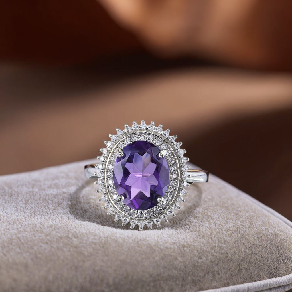 Classic Silver 925 Rhodium Plated Oval Cut Natural Amethyst Ring