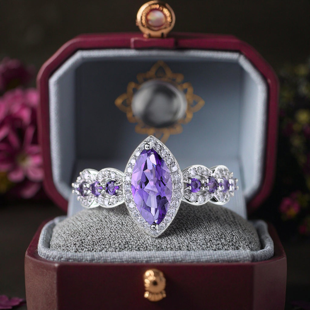 Charming Rhodium Plated 925 Silver Jewelry Natural Amethyst Ring