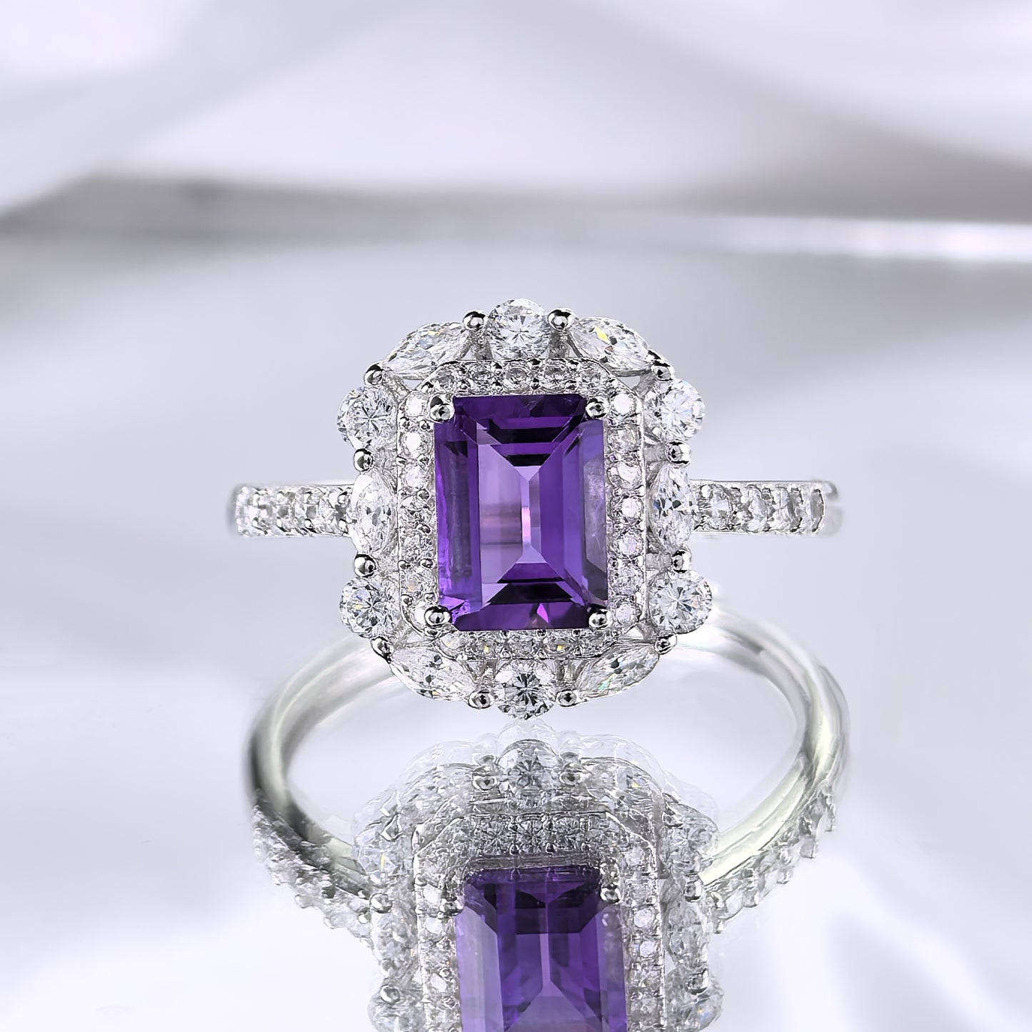 Classic Rhodium Plated Silver 925 Jewelry Natural Amethyst Ring