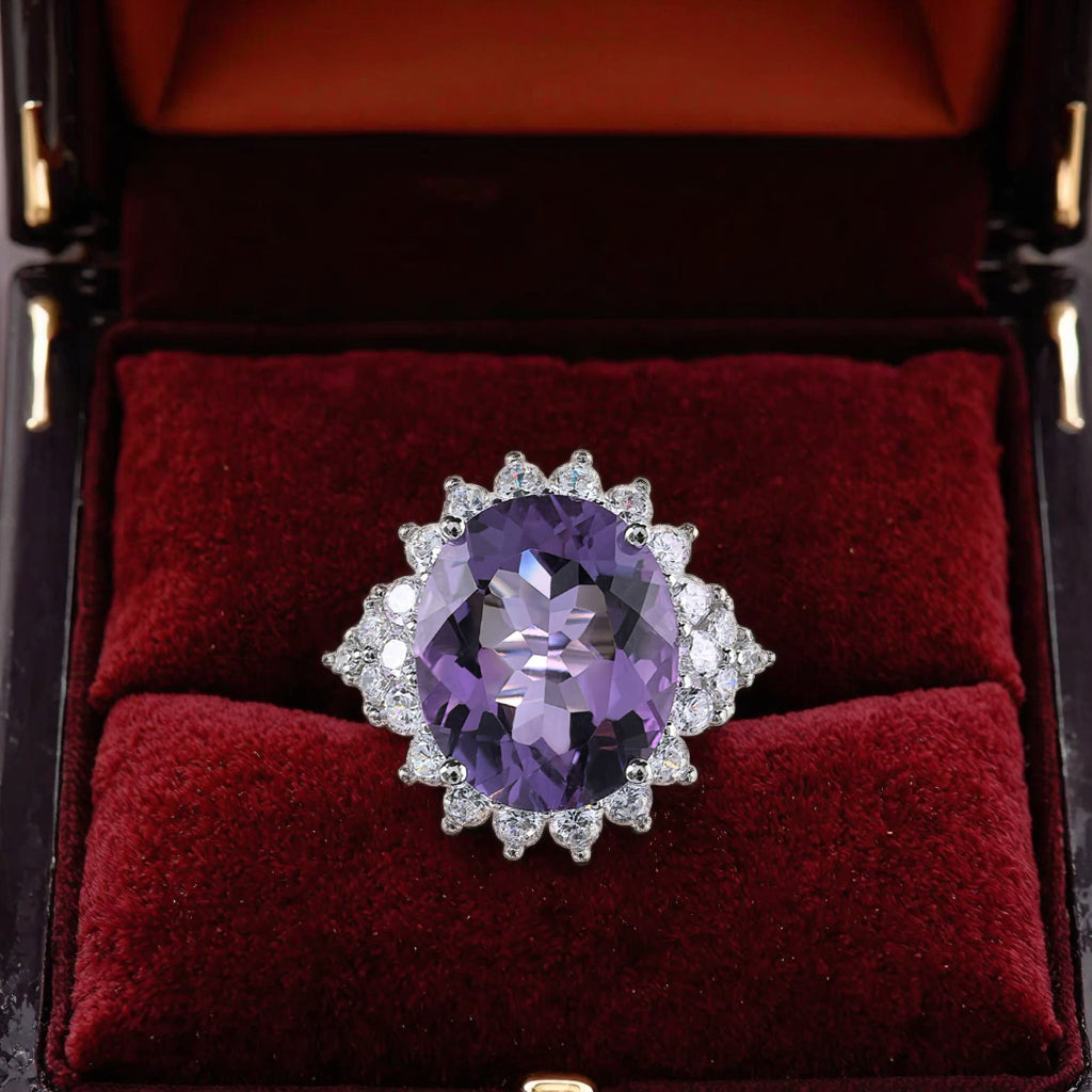Elegant Rhodium Plated Silver 925 Natural Amethyst Ring