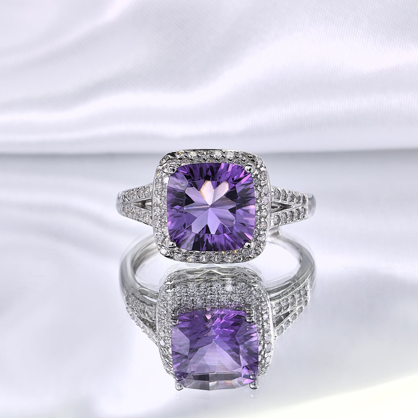 Classic Rhodium Plated 925 Sterling Silver Natural Amethyst Ring