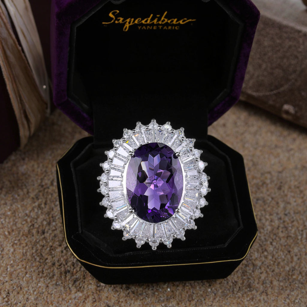 Elegant 925 Sterling Silver Ring Rhodium Plated Natural Amethyst Oval Cut Gemstone