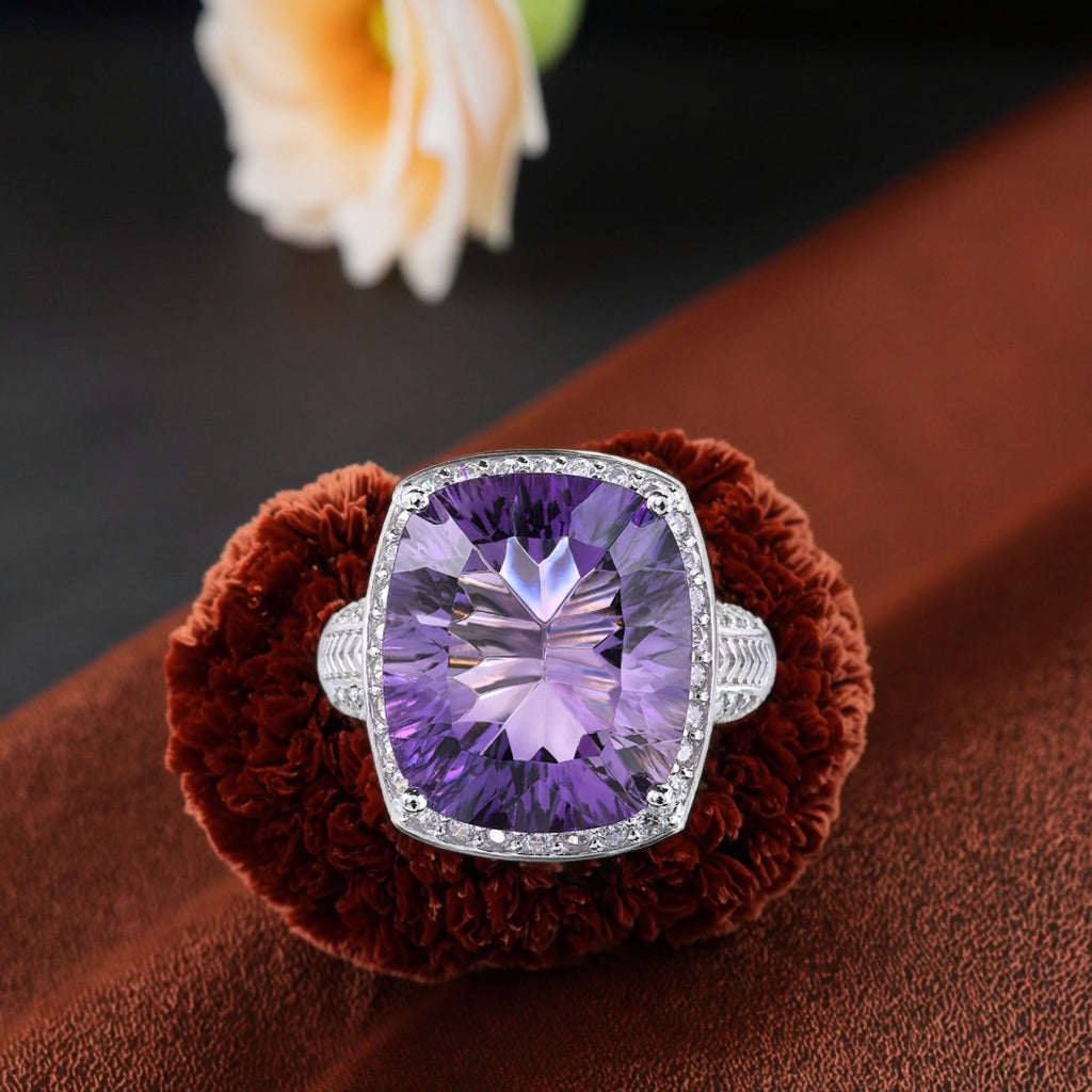 Dazzling Rhodium Plated 925 Sterling Silver Natural Amethyst Ring