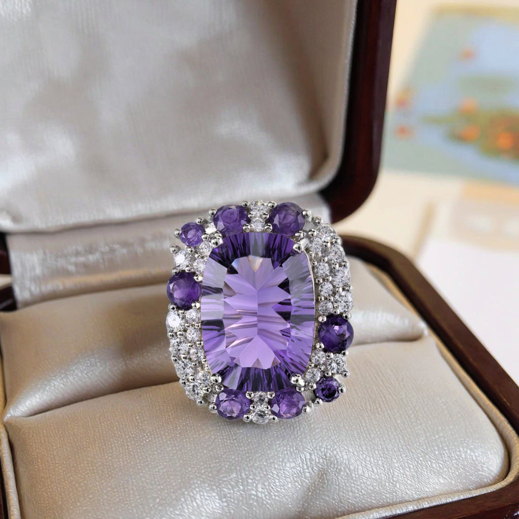 Noble Rhodium Plated 925 Sterling Silver Natural Amethyst Ring